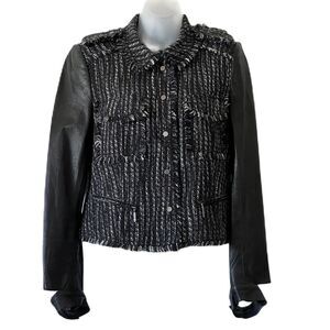 Stella & Jamie Blazer Jacket Sz M Black White Tweed Snap Closure Leather Arms